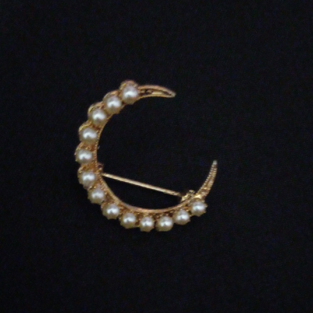 Elegant Gold and Pearl Crescent Brooch